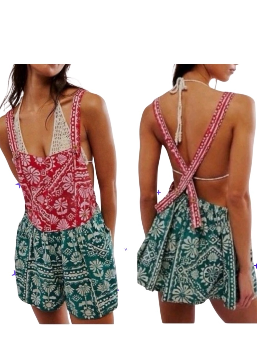 FREE PEOPLE PALM BAY ROMPER LARGE RED WHITE GREEN